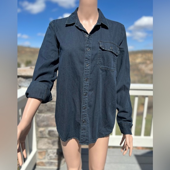 Lucky Brand Hand Crafted Studded Dark Denim Shirt - Picture 3 of 10